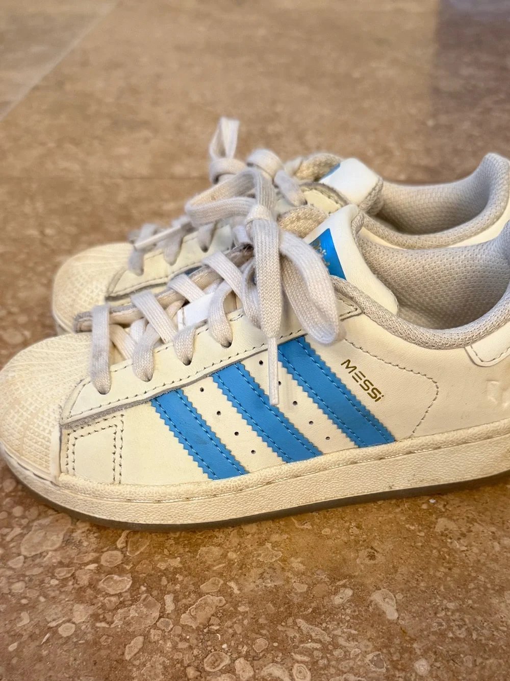 adidas White Messi Sneakers with Blue Stripes (Kids)